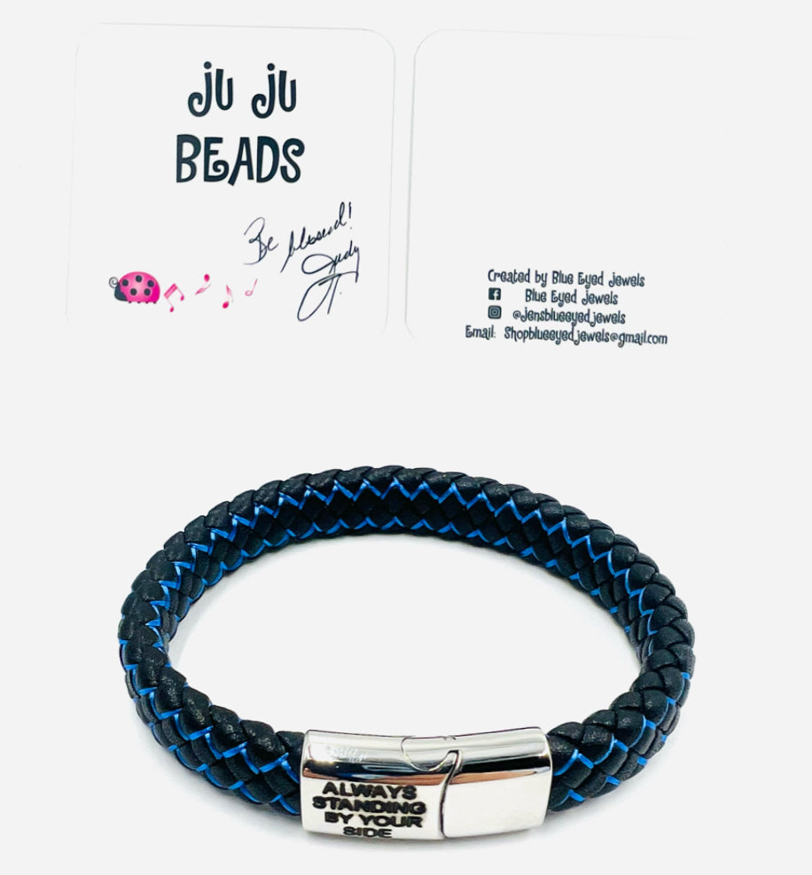 Men's Blue Stitched Black Leather Bracelet - Faithfully