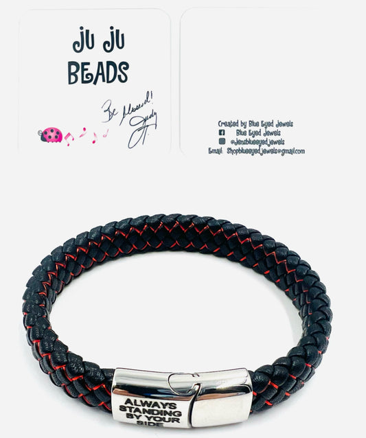 Men's Red Stitched Black Leather Bracelet - Always Standing By Your Side